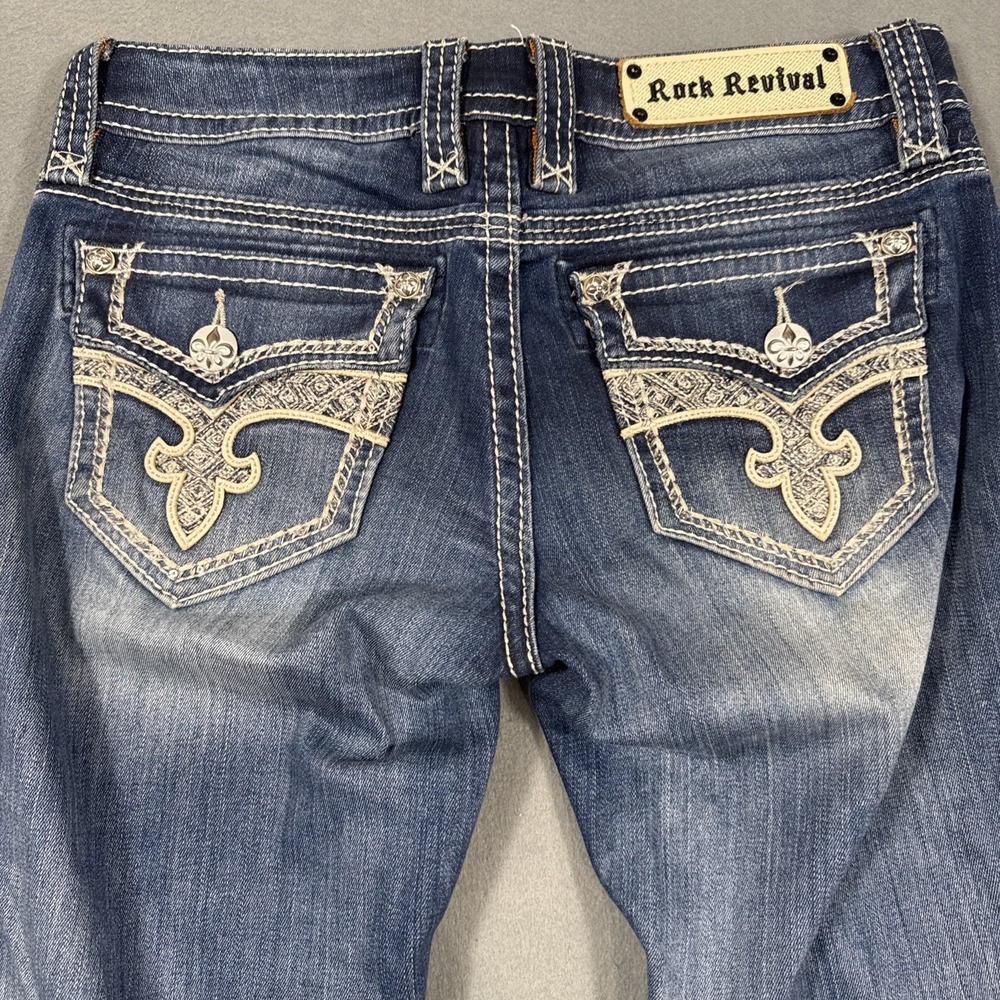 Rock Revival ARLENE SKINNY Jeans Women's 27 THICK STITCH Embellished WHISKERING